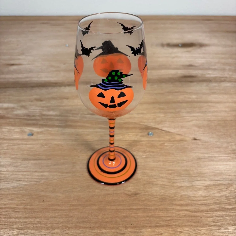 Pier 1 Halloween Wine Glass Jack-O-Lantern Witch Hat Bats Orange Striped Stem